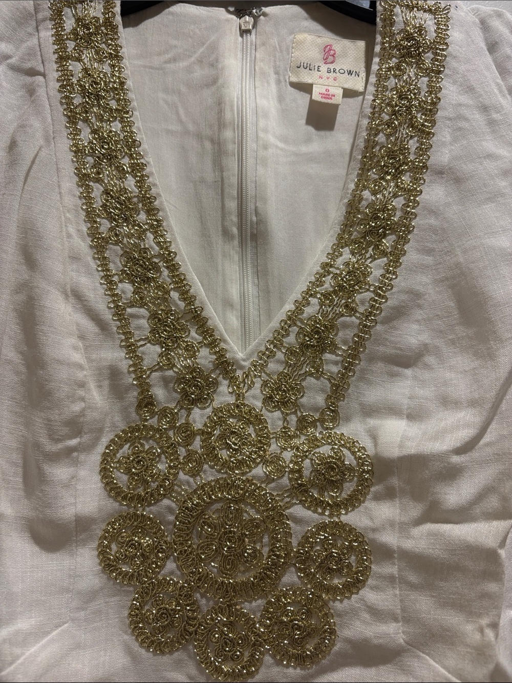 JB by Julie Brown White Sleeveless Mini Dress with Gold Embroidered V-Neck 0 - Picture 2 of 7